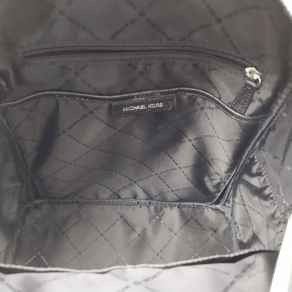 Michael Kors Black Coated Canvas Leather Trim MK Printed Zipper Backpack
